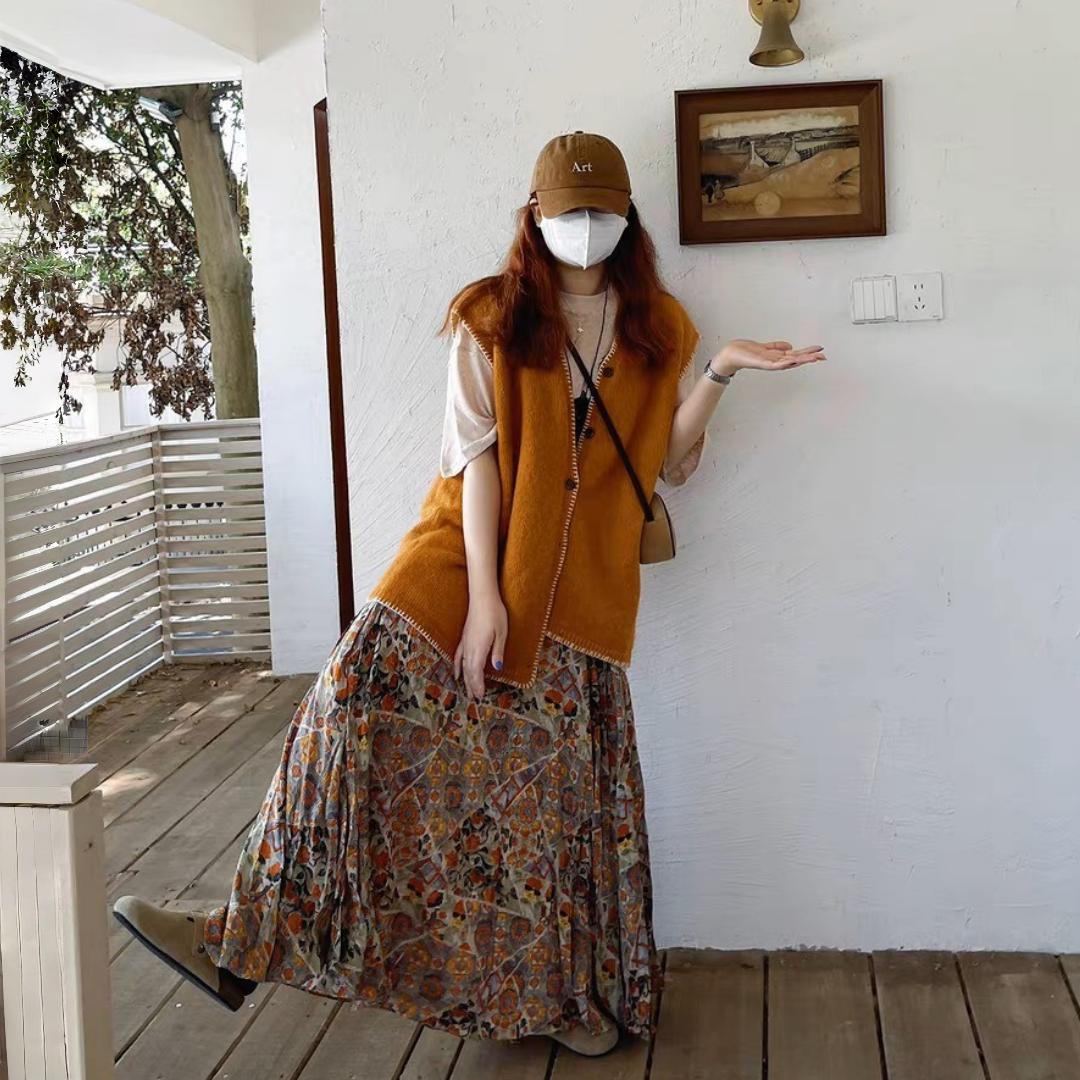 【ボトムス】花柄 春 秋 冬 大振裾 レトロ スカート 【SHシリーズ】