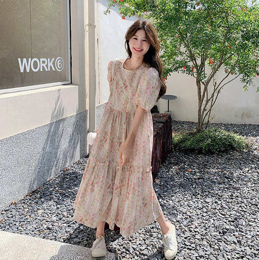 【ワンピース】夏 フレンチカントリー風 ラウンドネック パフスリーブ フラワープリント 半袖ワンピース【SHシリーズ】