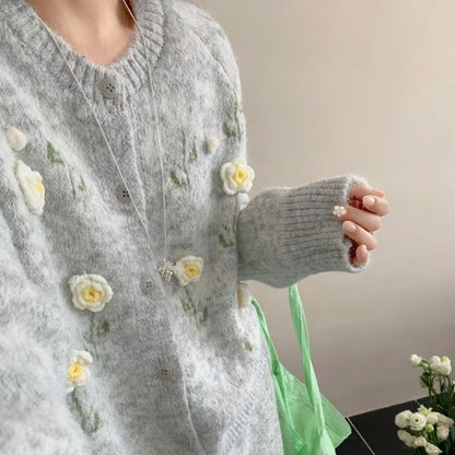 【セットアップ】春 秋 冬 立体刺繍フラワー +ハイウエスト ニットスカート 2点上下セット 【JZシリーズ】