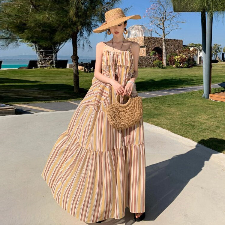 【ワンピース】リゾート ストライプ ノースリーブ キャミワンピース レディース 夏新作 海辺 バリ島 ビーチ ロング丈 フレンチ【SHシリーズ】