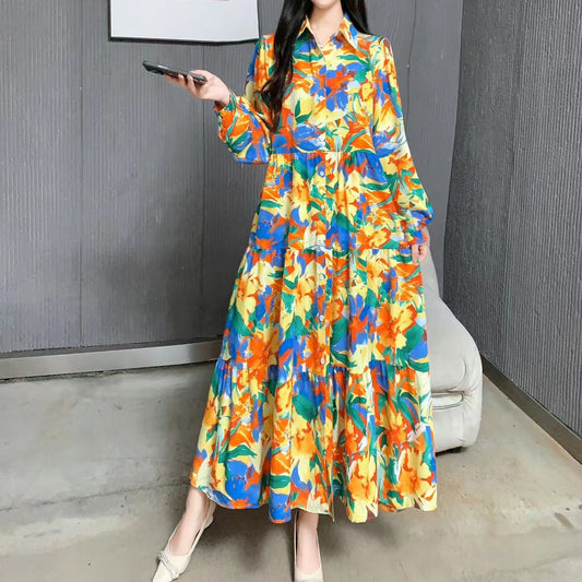 【ワンピース】🍁大きいサイズ レディース 春新作 長袖ワンピース 花柄 シャツワンピ 体型カバー ゆったり 着痩せ 効果あり【SHシリーズ】