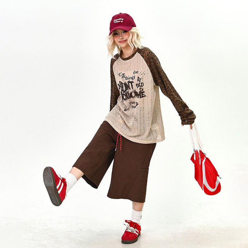 【トップス】レオパード切替 長袖Tシャツ オーバーサイズ アメリカンヴィンテージ BFスタイル【FCシリーズ】