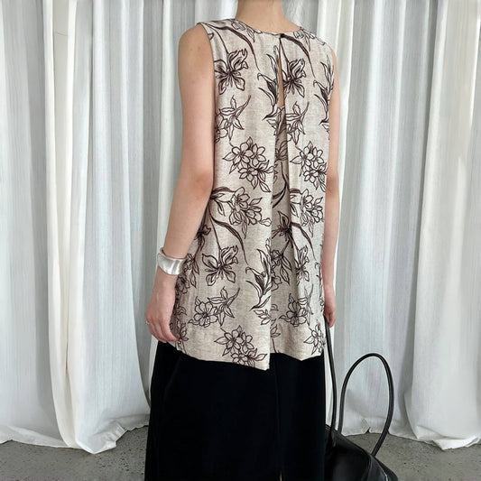 【トップス】夏 リネン生地  プリント ノースリーブ ブラウス 【SHシリーズ】