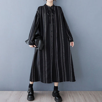 【ワンピース】個性派ストライプシャツワンピース レディース 春秋新作 コットンリネン風 ゆったり 大きいサイズ ベルト付き【JZシリーズ】