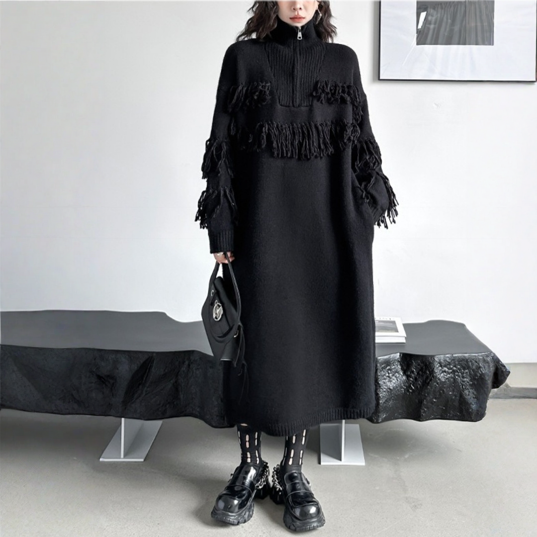 【ワンピース】フリンジ 厚手 膝下丈 リラックス感 ニット ワンピース 【AHシリーズ】