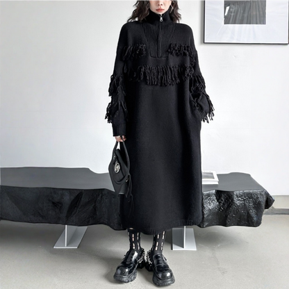 【ワンピース】フリンジ 厚手 膝下丈 リラックス感 ニット ワンピース 【AHシリーズ】