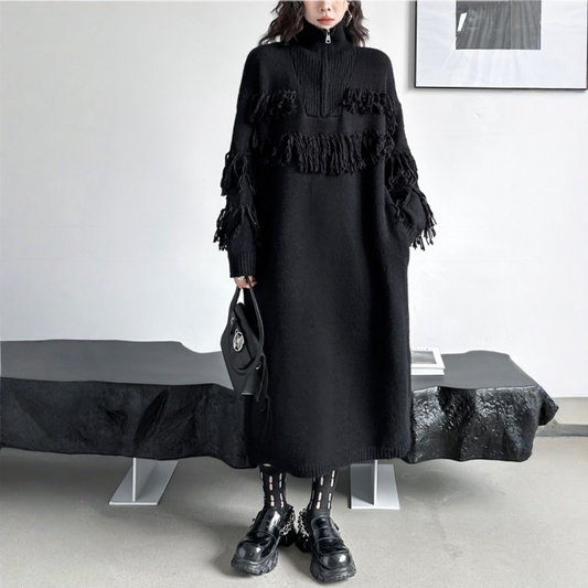 【ワンピース】フリンジ 厚手 膝下丈 リラックス感 ニット ワンピース 【AHシリーズ】