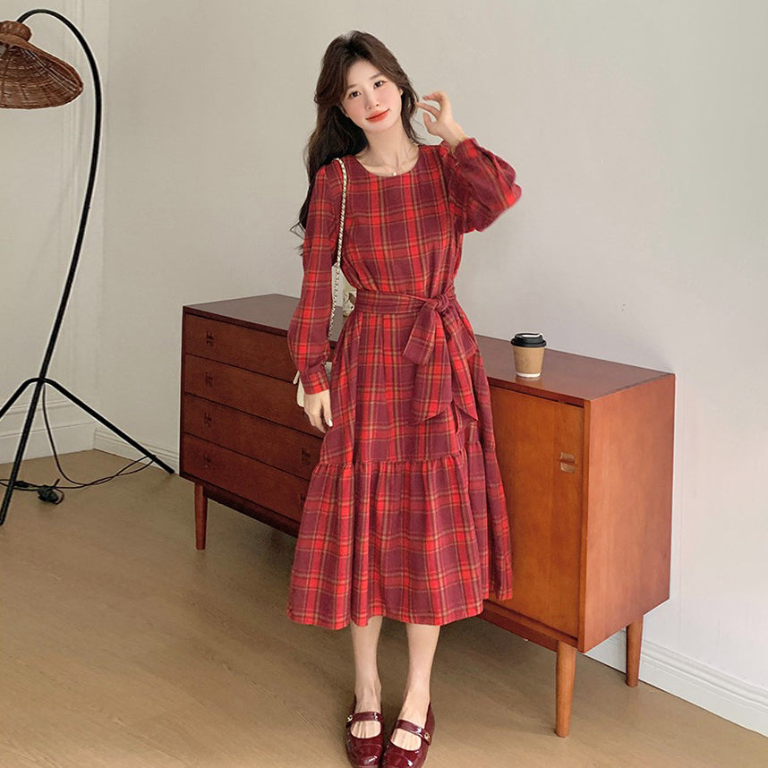 【ワンピース】レトロチェック ウエストマーク 長袖ワンピース レディース 春秋 上品フレンチ風 エレガント 【SHシリーズ】