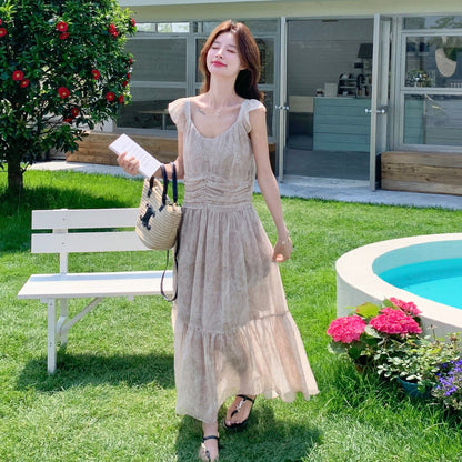 【ワンピース】フレンチ 小花柄 フリルスリーブ ワンピース レディース 夏新作 リゾート風 ロング丈 ノースリーブ【SHシリーズ】