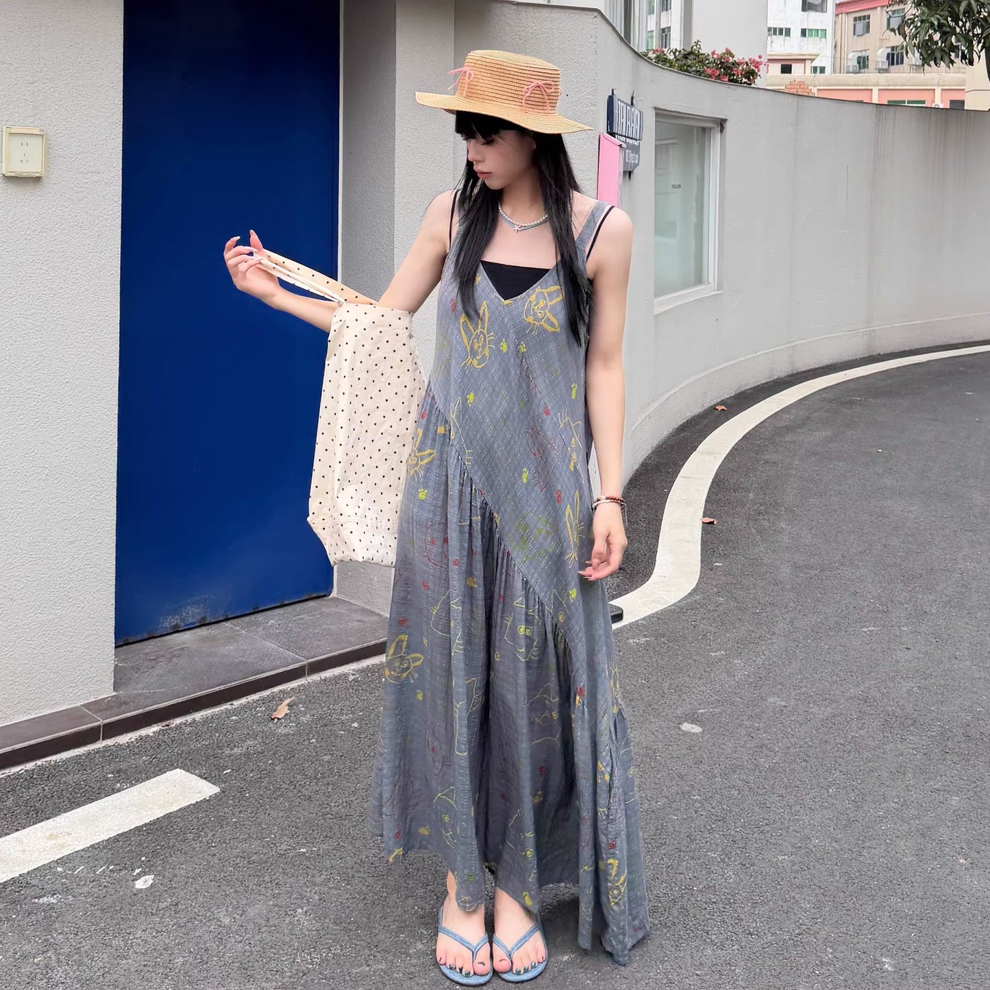 【ワンピース】猫プリント チェック柄 キャミワンピース レディース ノースリーブ 夏 ゆったり フレアロング丈 リネン風 人気 デザインワンピース【SHシリーズ】