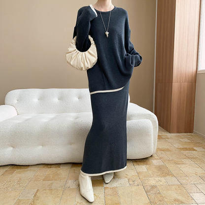 【セットアップ】シルケット加工 シンプル派 配色 ニット + スカート 2点上下セット 【JZシリーズ】