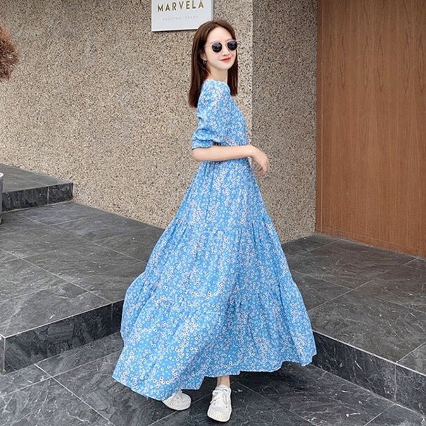 【ワンピース】【10～15日内発送】夏新作 フレンチ風 高級感 Vネック パフスリーブ フラワープリント 半袖ワンピース【SHシリーズ】