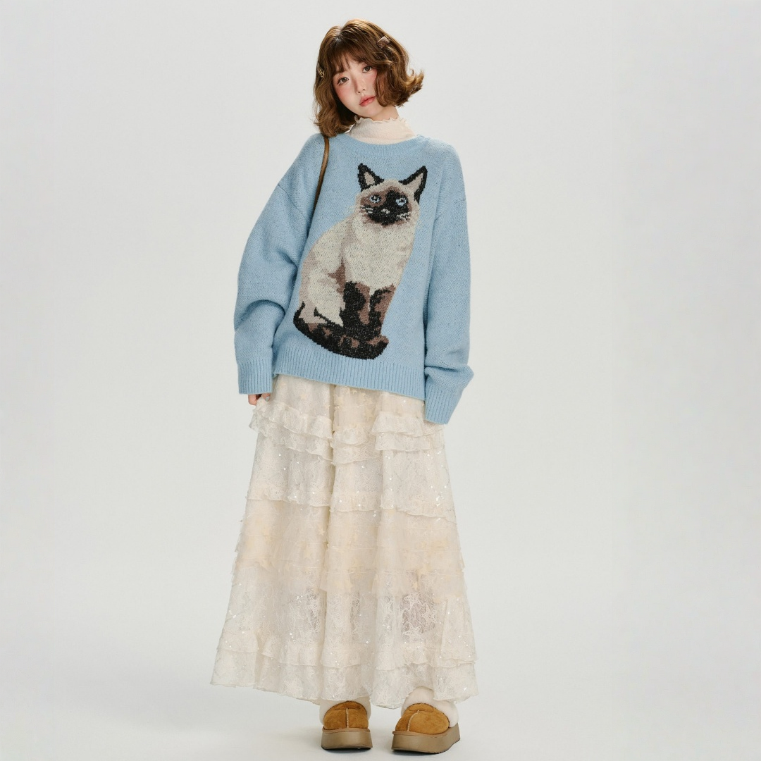 【トップス】ジャガード ラウンドネック 厚手 ゆったり ニット セーター 【FCシリーズ】