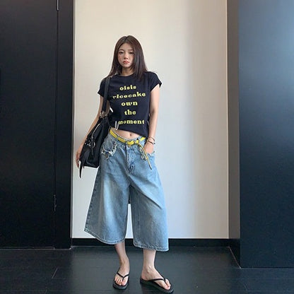 【ボトムス】デザイン性 ウォッシュドデニム カットオフ クロップドパンツ 【FCシリーズ】