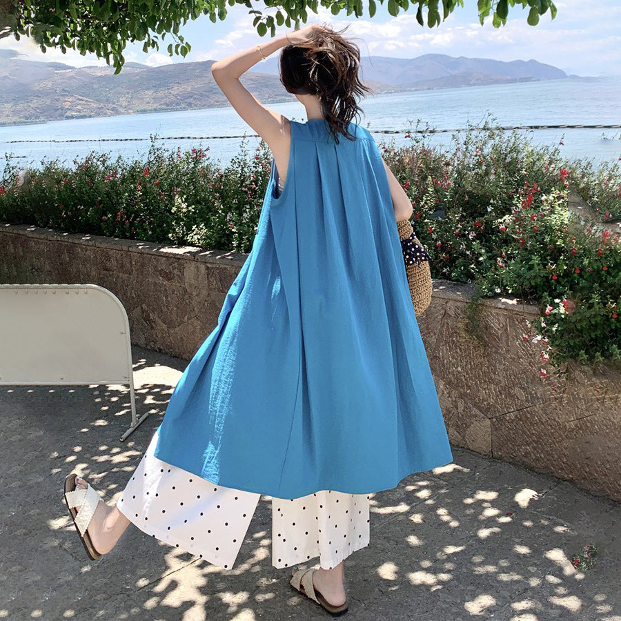 2点セット！【セットアップ】優しい系 ノースリーブシャツワンピース＋ ドット柄 ワイドパンツ 重ね着でおしゃれ