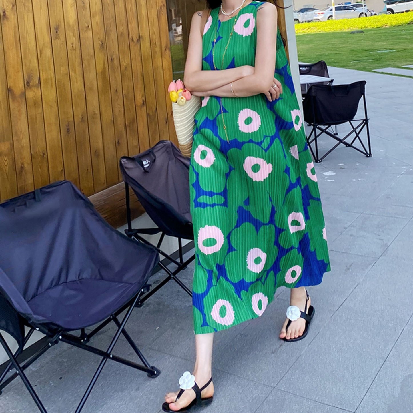 【ワンピース】フレンチ 海辺リゾート ビーチ プリーツプリント ノースリーブワンピース【SHシリーズ】