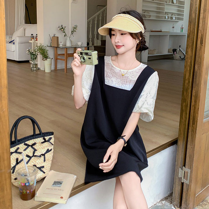 【ワンピース】配色 ワンピース レディース 夏 レイヤード風 半袖 ロングワンピース 細見え リボンデザイン 人気 フレンチ風【JZシリーズ】