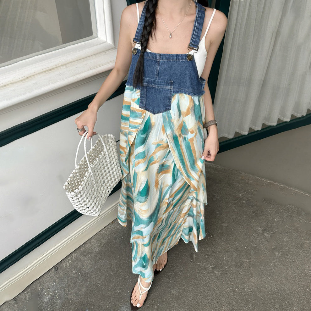 【ワンピース】夏新作 デザイン感たっぷり デニム切り替え シフォン花柄ノースリーブワンピース【SHシリーズ】