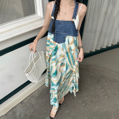 【ワンピース】夏新作 デザイン感たっぷり デニム切り替え シフォン花柄ノースリーブワンピース【SHシリーズ】