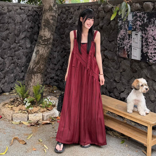 【ボトムス】ストライプ サロペット レディース 夏 オーバーサイズ ワイドパンツ ゆったり 体型カバー オールインワン 人気 リラックスコーデ【SHシリーズ】