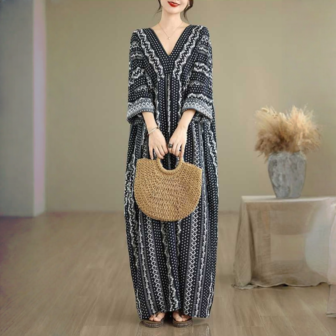 【ワンピース】夏 春 秋 高級感 Vネック コットンリネン プリント 半袖 ワンピース 【SHシリーズ】