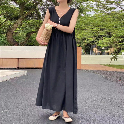 【ワンピース】4カラー 韓国風 春夏用 フレンチレトロ ノースリーブ ゆったりワンピース