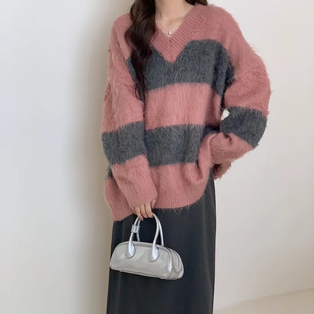 【24AW】【トップス】プルオーバー コントラストカラー ゆったり ニットセーター