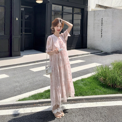 【ワンピース】スウィートな リボンネック 小花柄 ロングワンピース 【SHシリーズ】