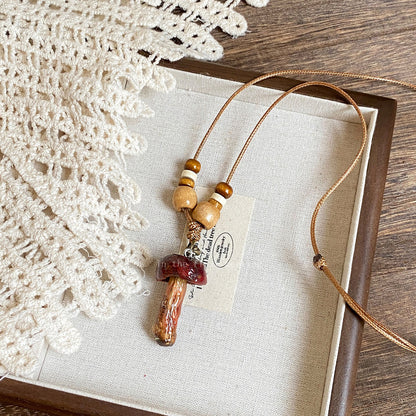 【🎁 B2G1｜先行スタート！】【グッズ】 天然キノコモチーフビーズネックレス レディース 森系 ロング丈 ニットチェーン 個性派 民族風アクセサリー