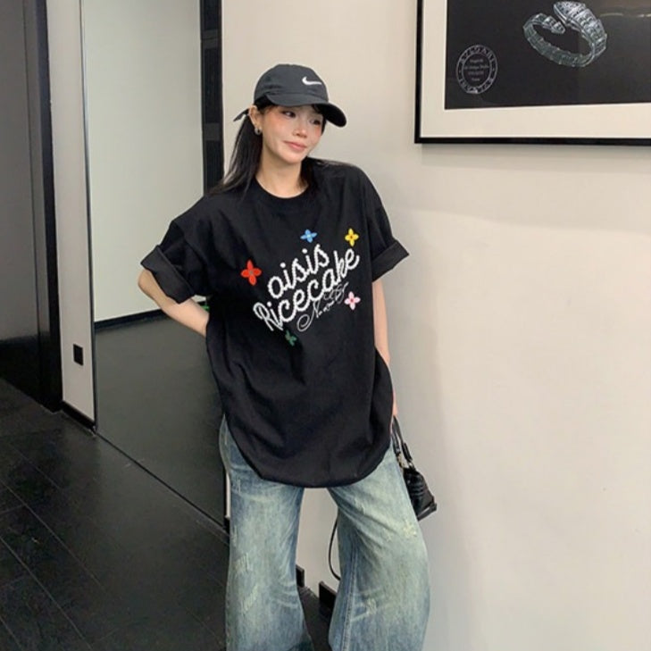 【トップス】レトロ コットン100％ 立体刺繍 オーバーサイズ 半袖 Tシャツ 【FCシリーズ】