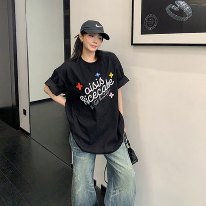 【トップス】レトロ コットン100％ 立体刺繍 オーバーサイズ 半袖 Tシャツ 【FCシリーズ】