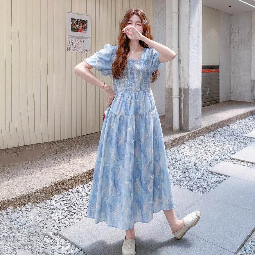 【ワンピース】グラデーション染め刺繍入りパフスリーブワンピース Aライン半袖【SHシリーズ】