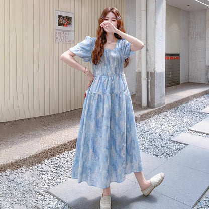 【ワンピース】グラデーション染め刺繍入りパフスリーブワンピース Aライン半袖【SHシリーズ】