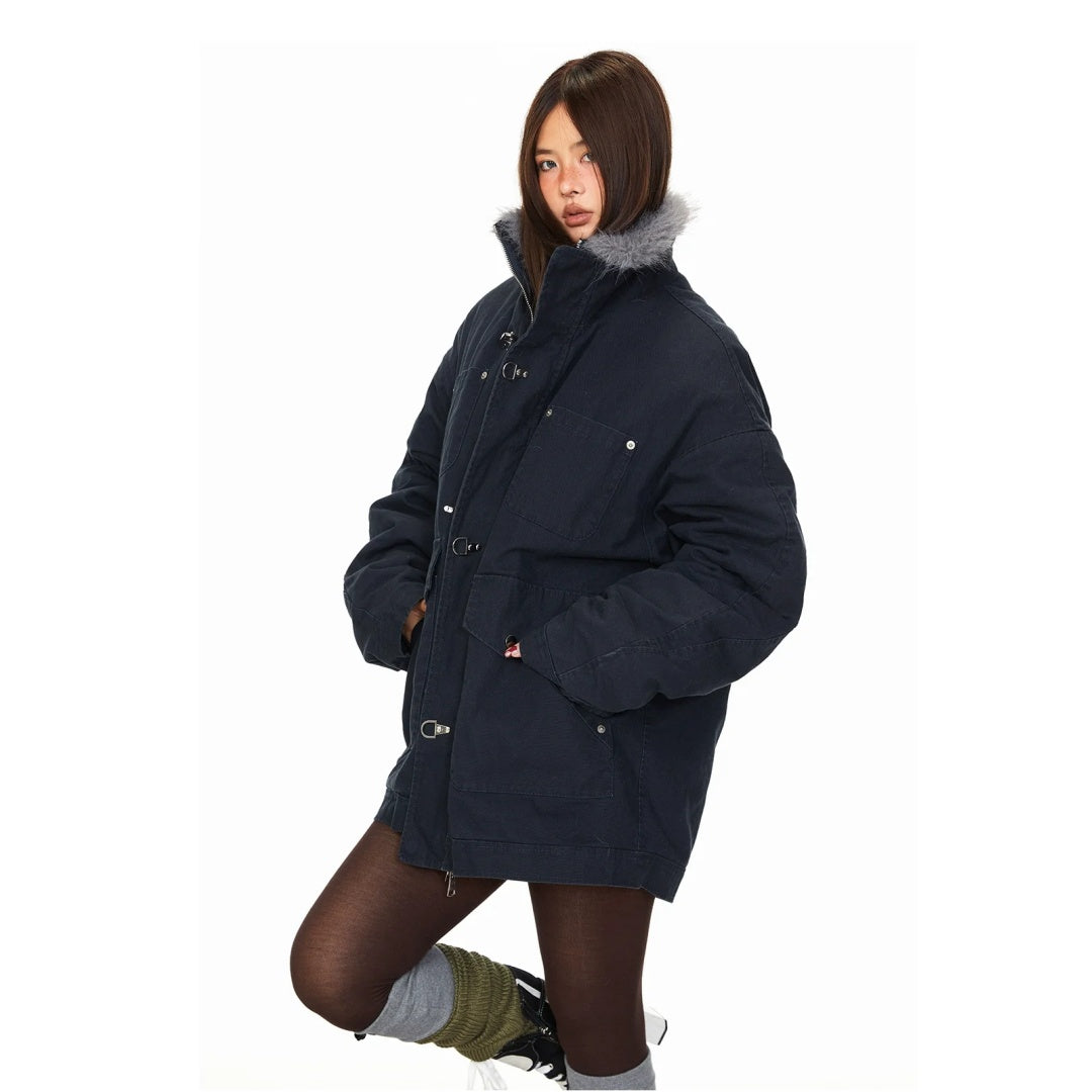 【アウター】フライトバックル 保温性のある ワーク風 ファー襟 綿入れコート 【FCシリーズ】