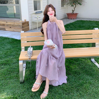 【ワンピース】フレンチ風パープル立体フラワー ノースリーブワンピース レディース 夏新作 ゆったり 体型カバー【JZシリーズ】