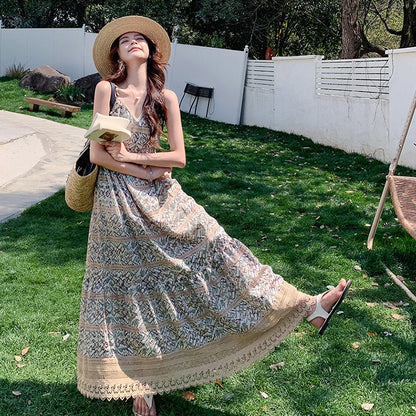 【ワンピース】バカンス映え ボヘミアン ノースリーブワンピース 花柄ロング丈 夏新作 リゾートスタイル【SHシリーズ】