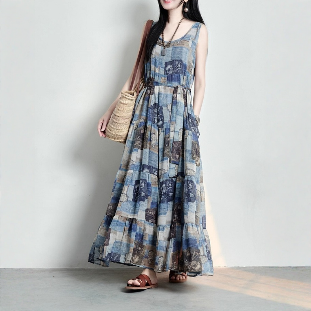 【ワンピース】コットンリネン 抽象柄プリント ゆったりした ノースリーブワンピース 【SHシリーズ】