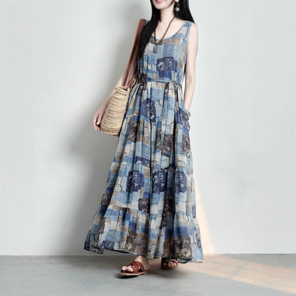 【ワンピース】コットンリネン 抽象柄プリント ゆったりした ノースリーブワンピース 【SHシリーズ】