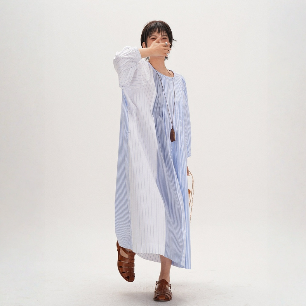 【ワンピース】【15～20日内発送】ルーズスタイル 切り替えデザイン ストライプ  長袖 ワンピース 【JZシリーズ】