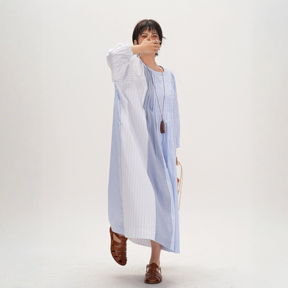 【ワンピース】【15～20日内発送】ルーズスタイル 切り替えデザイン ストライプ  長袖 ワンピース 【JZシリーズ】