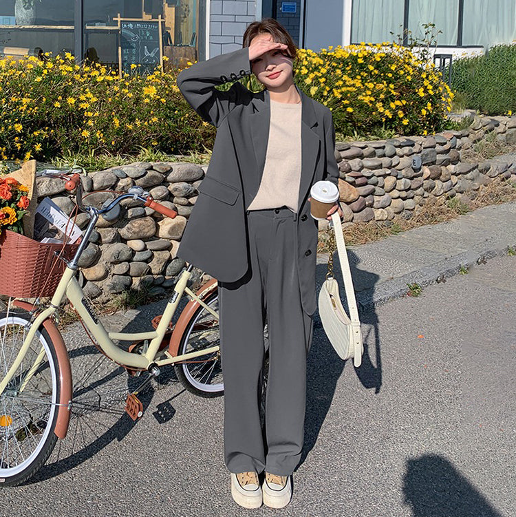 2点セット！【セットアップ】韓国風スーツセットアップ ジャケット＋ハイウエストワイドパンツ 上下セット【JZシリーズ】【SNシリーズ】