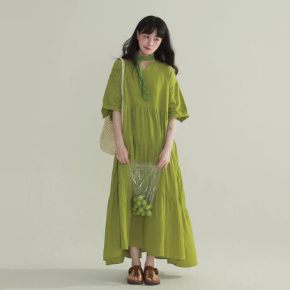 4color【ワンピース】ヴィンテージ風 ティアードワンピース レディース Vネック ロング丈 フェミニン 上品 半袖ワンピース【JZシリーズ】