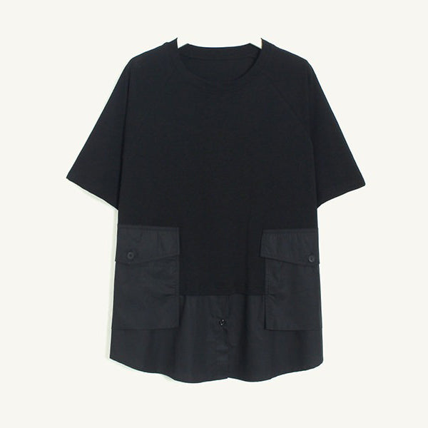 【トップス】立体ビッグポケット フェイクレイヤード 切替 半袖Tシャツ ゆったり オーバーサイズ【JZシリーズ】