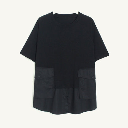 【トップス】立体ビッグポケット フェイクレイヤード 切替 半袖Tシャツ ゆったり オーバーサイズ【JZシリーズ】
