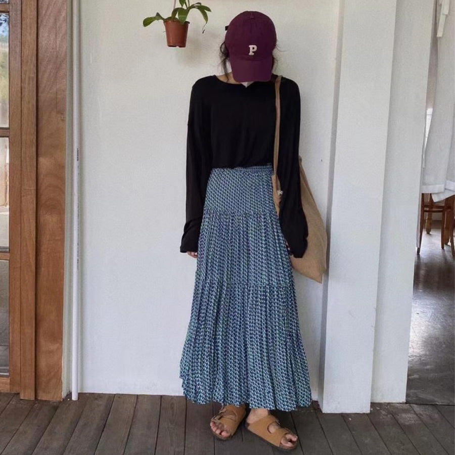 【ボトムス】ハイウエスト フラワープリーツスカート ロング丈 ゆったり 体型カバー 韓国風 おしゃれコーデ【SHシリーズ】