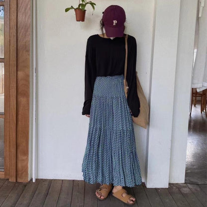 【ボトムス】ハイウエスト フラワープリーツスカート ロング丈 ゆったり 体型カバー 韓国風 おしゃれコーデ【SHシリーズ】