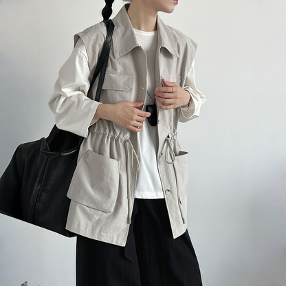 【トップス】春 秋 冬 ワーク風 ドローストリング ポケット ノースリーブ ベスト 【JZシリーズ】