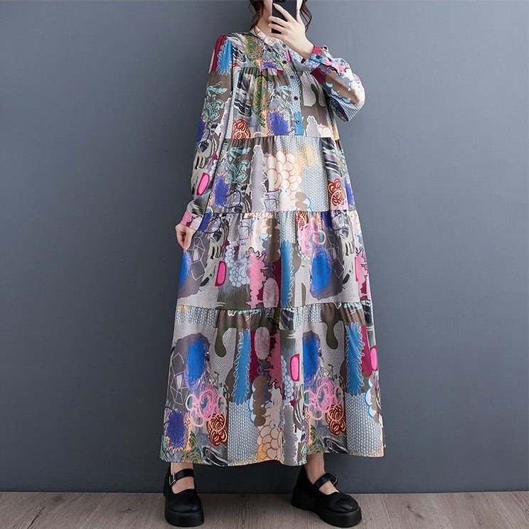 【ワンピース】春 秋 冬 プリント ルーズ ミディ丈 ワンピース 【SHシリーズ】