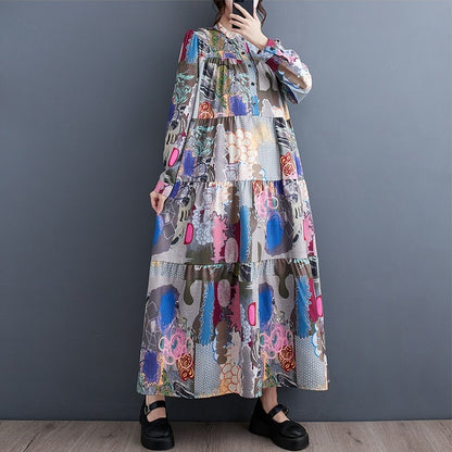 【ワンピース】春 秋 冬 プリント ルーズ ミディ丈 ワンピース 【SHシリーズ】