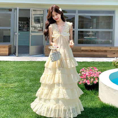 【ワンピース】夏新作 ノースリーブ ティアードワンピース ミルク系 やさしい雰囲気 若見え ロングドレス【SHシリーズ】